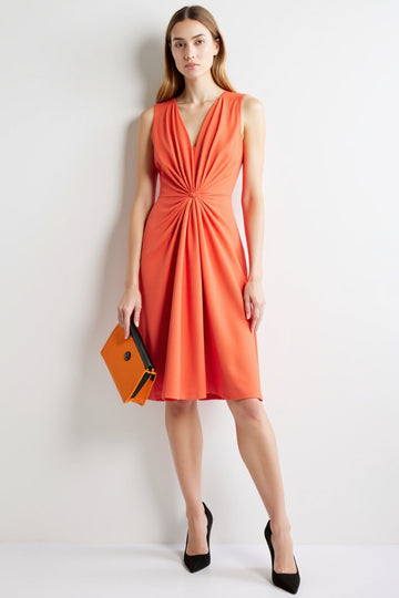 Ruched Orange V-Neck A Line Midi Work Dress